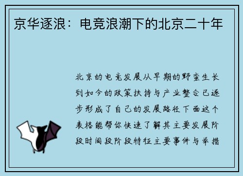 京华逐浪：电竞浪潮下的北京二十年